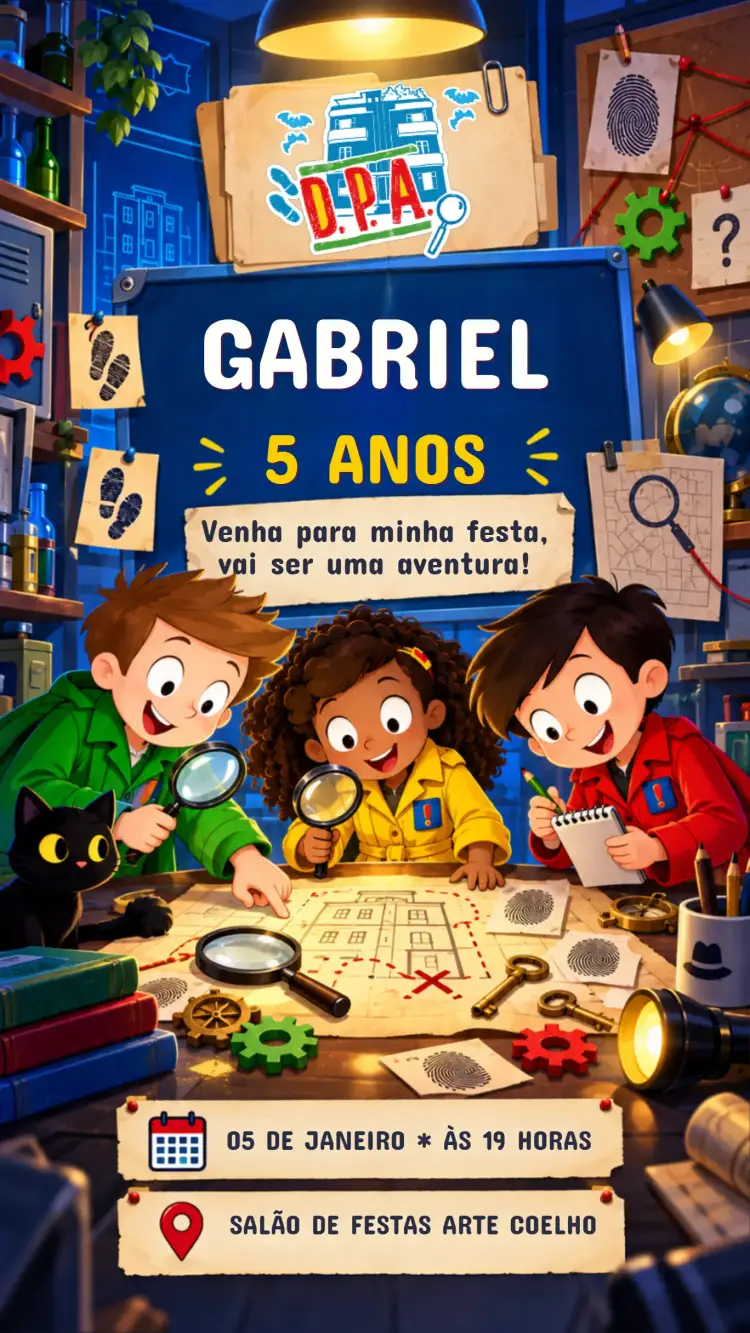 Invitación Convite de Aniversário Infantil DPA – tema Aniversário Infantil colorido, divertido, infantil, aventura, tema DPA, ilustrações alegres