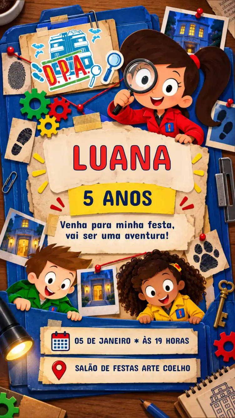 Invitación Convite de Aniversário Infantil DPA – tema Aniversário Infantil colorido, divertido, lúdico, temático, alegre, infantil
