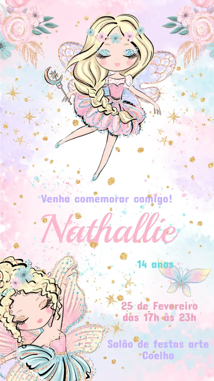 Invitación Convite de Aniversário Infantil FADAS – tema Aniversário Infantil mágico, colorido, fantasia, ilustrações de fadas, natureza encantada, suaves