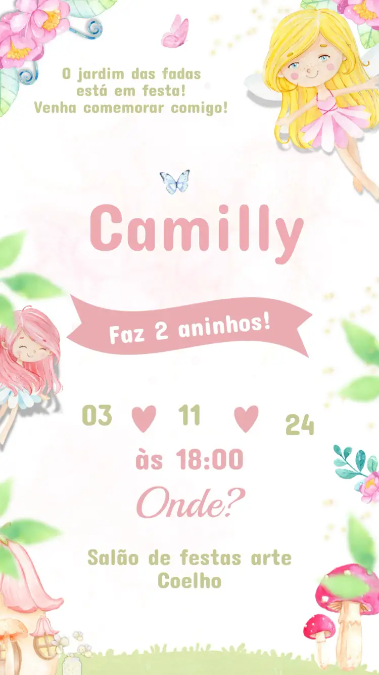 Convite Convite de Aniversário Infantil FADAS – tema Aniversário Infantil fantasia, colorido, mágico, lúdico, natureza, divertido