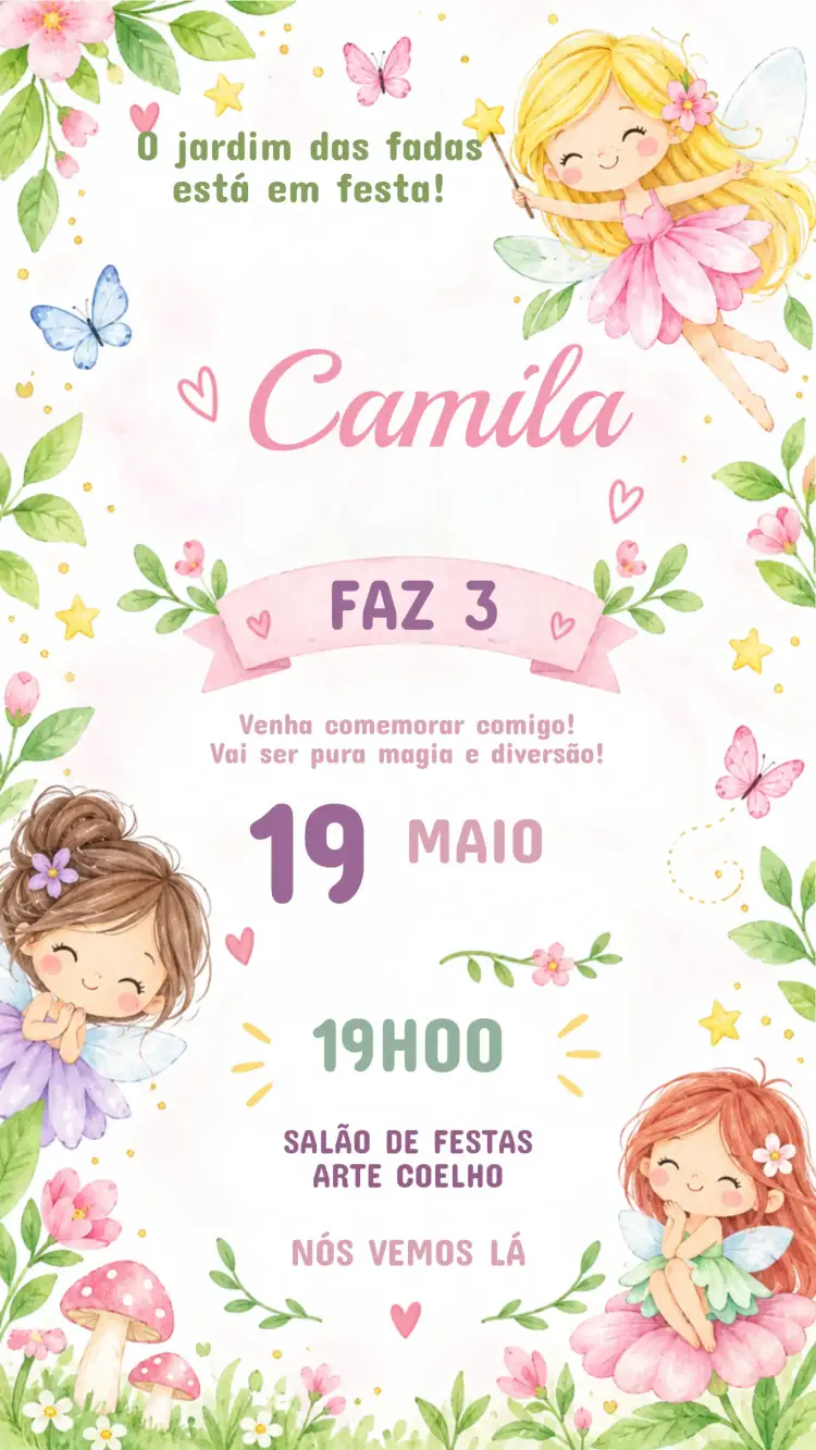 Invitación Convite de Aniversário Infantil FADAS – tema Aniversário Infantil mágico, colorido, fantasioso, lúdico, natureza