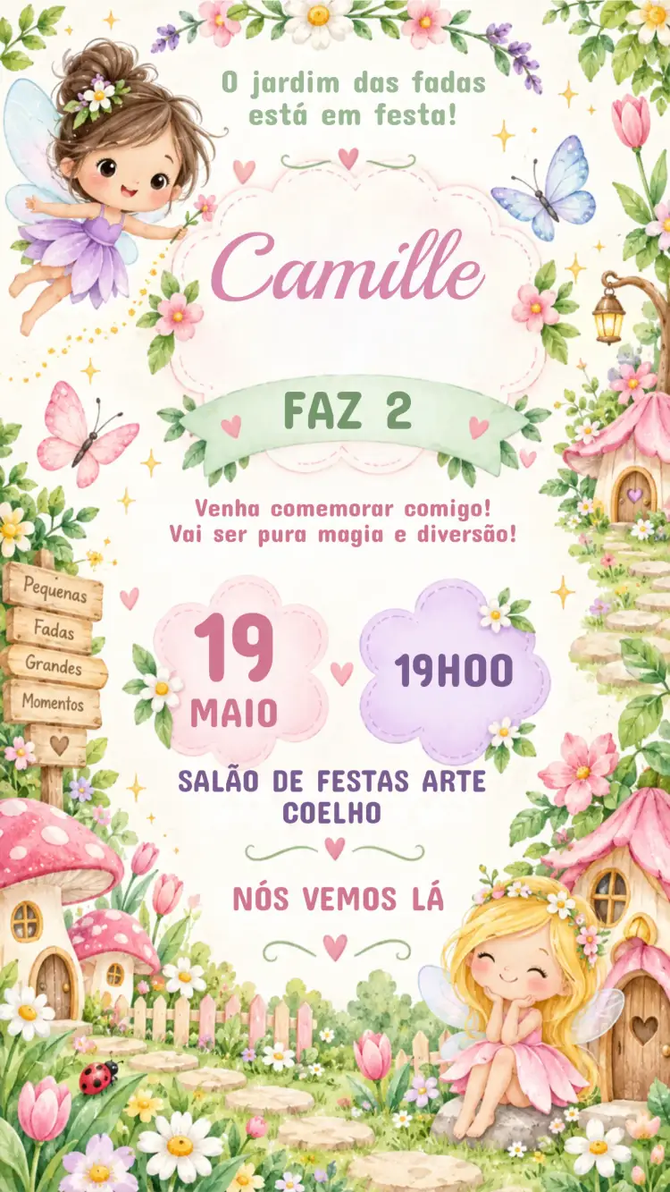 Convite Convite de Aniversário Infantil FADAS – tema Aniversário Infantil fadas encantadas, cores pastel, elementos de fantasia, ilustrações delicadas, estilo lúdico