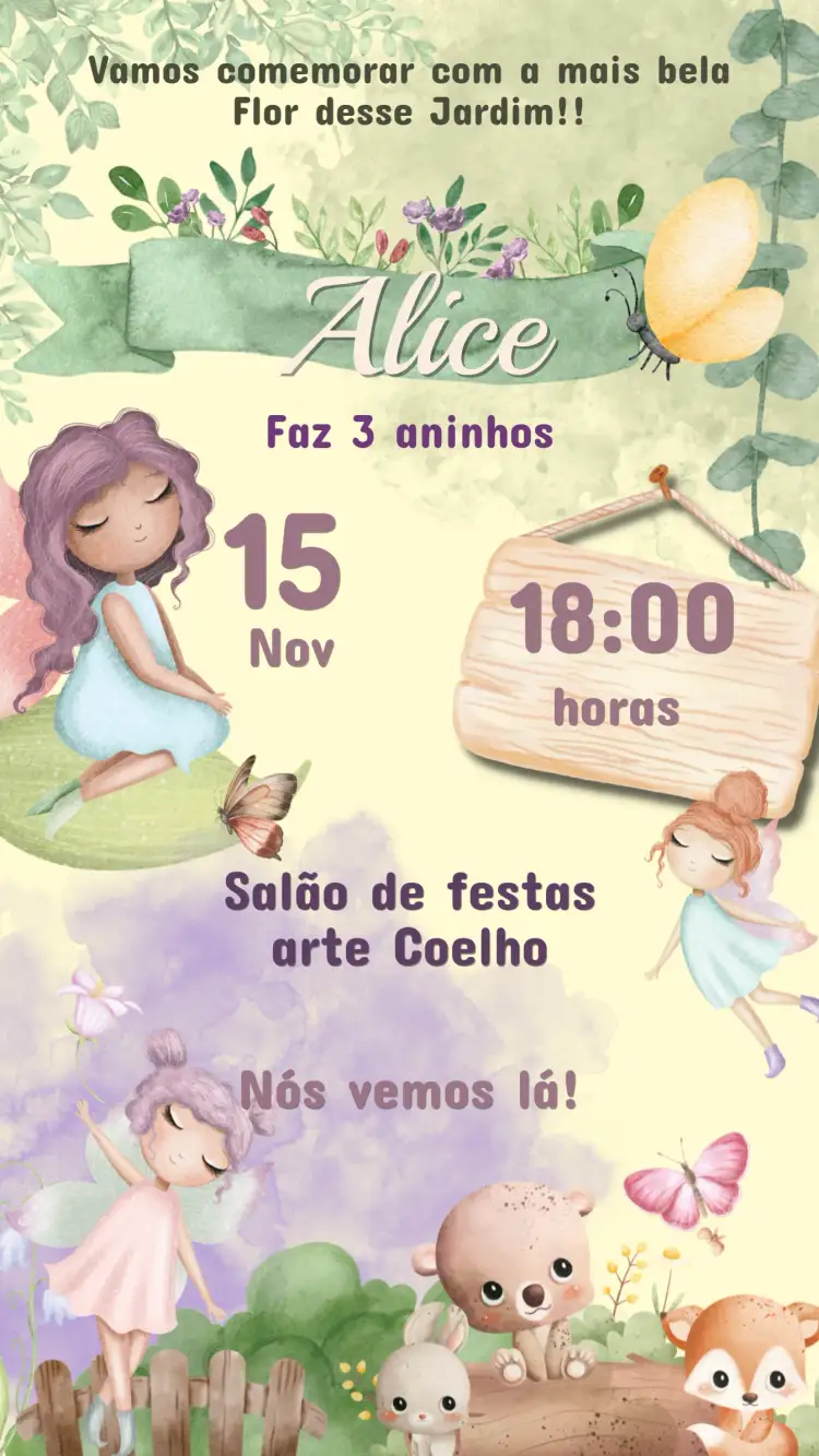 Invitación Convite de Aniversário Infantil FADAS – tema Aniversário Infantil colorido, mágico, fantasia, lúdico, floral, brilhante