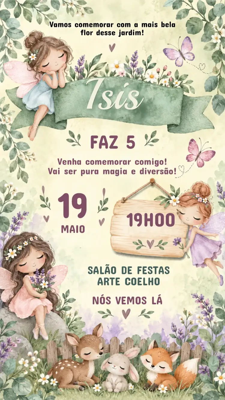 Convite Convite de Aniversário Infantil FADAS – tema Aniversário Infantil mágico, colorido, delicado, fantasia, natureza, encantado