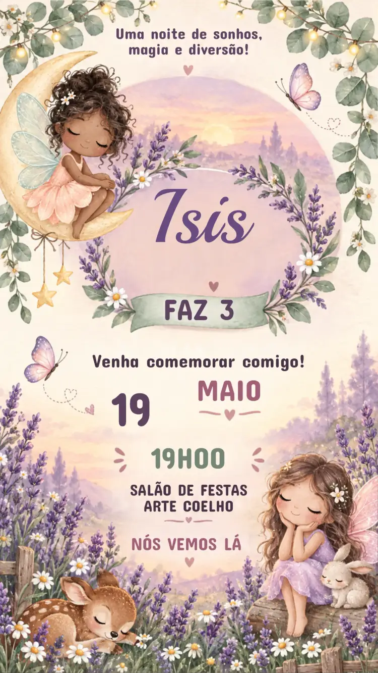 Invitación Convite de Aniversário Infantil FADAS – tema Aniversário Infantil mágico, colorido, fantasia, natureza, ilustrações de fadas