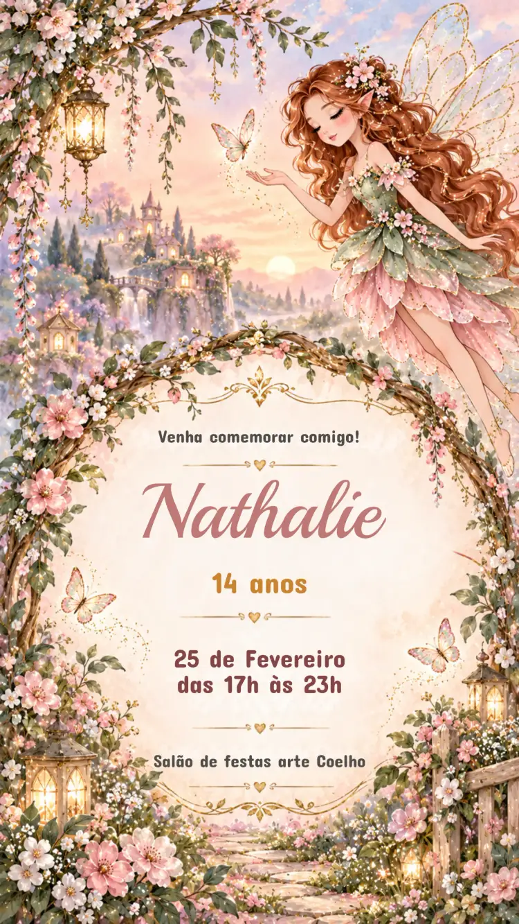Invitación Convite de Aniversário Infantil FADAS – tema Aniversário Infantil mágico, colorido, delicado, fantasia, lúdico, encantado