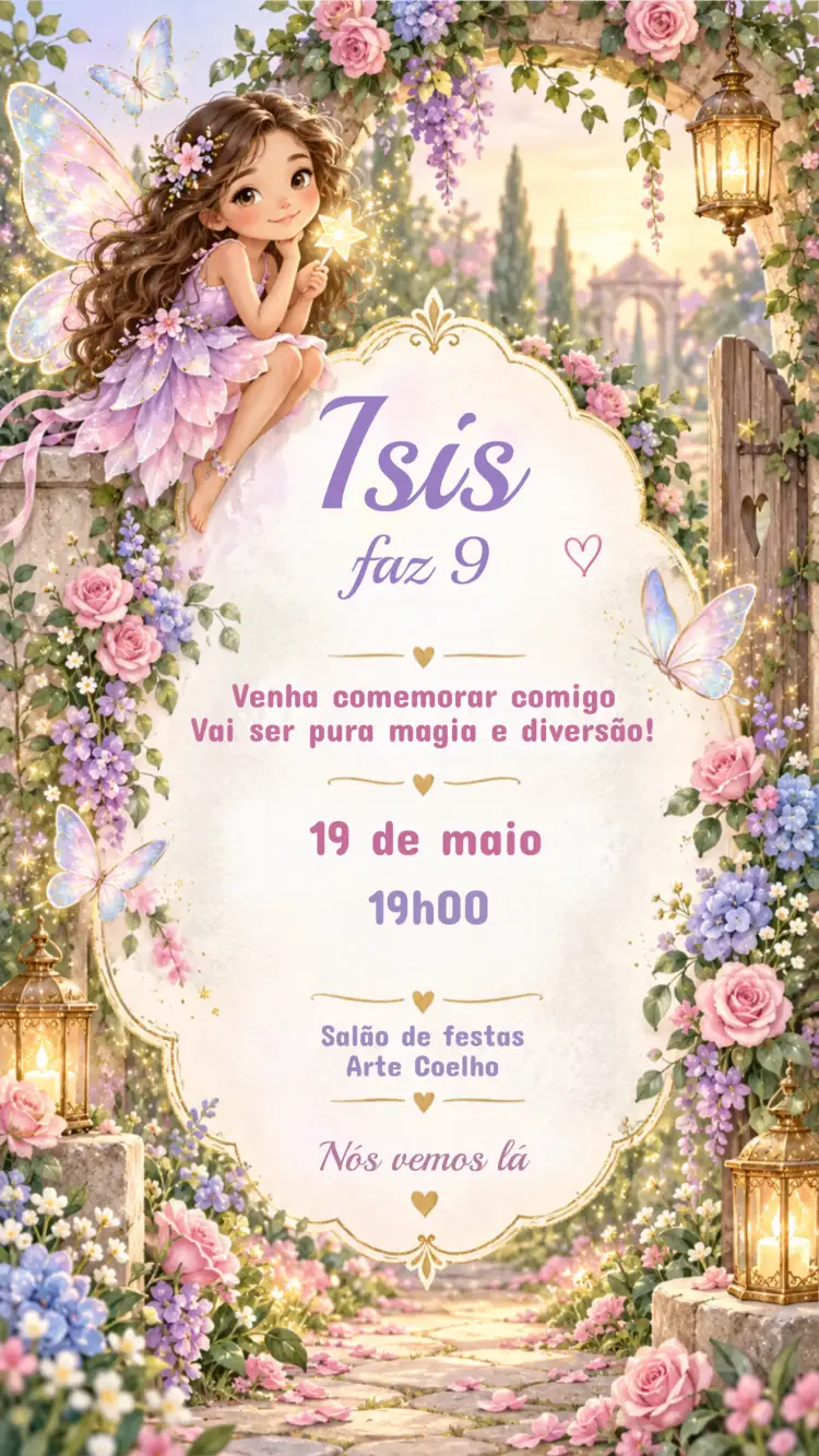 Invitación Convite de Aniversário Infantil FADAS – tema Aniversário Infantil mágico, delicado, colorido, fantasia, floral, lúdico