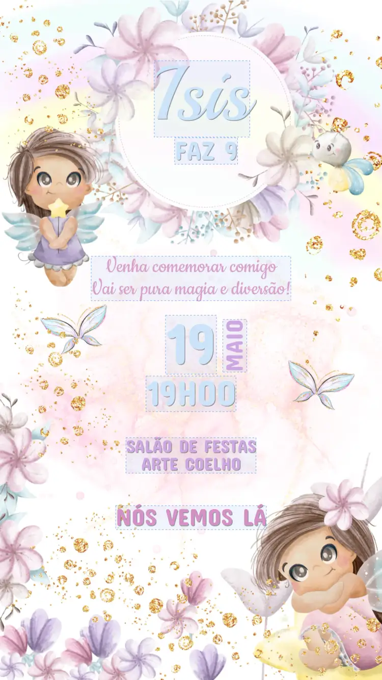 Invitación Convite de Aniversário Infantil FADAS – tema Aniversário Infantil mágico, colorido, lúdico, fantasia, delicado, sonhador