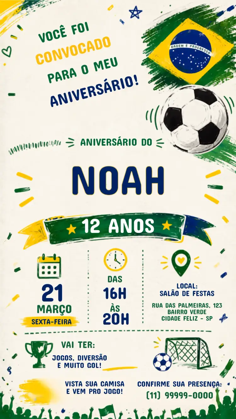 Invitation Convite de Aniversário Infantil Futebol copa – Aniversário Infantil theme futebol, esportivo, colorido, divertido, moderno, jovial