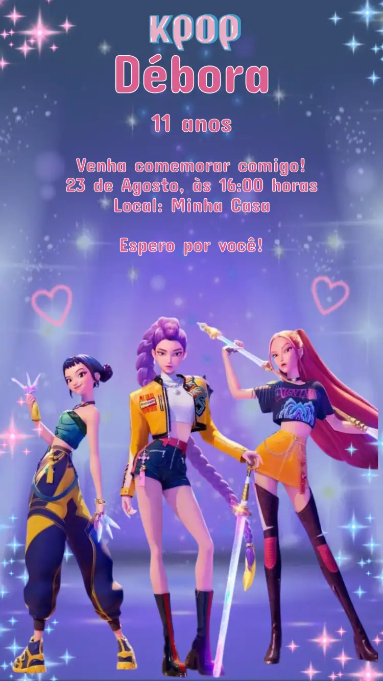 Convite de Aniversário Infantil Guerreiras do K-Pop