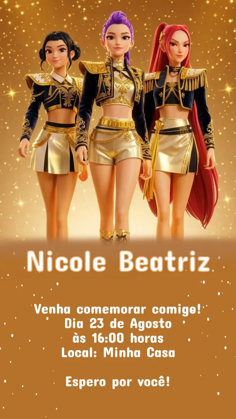 Invitación Convite de Aniversário Infantil Guerreiras do K-Pop – tema Aniversário Infantil cores vibrantes, estilo pop, ilustrações de dança, elementos gráficos modernos, temática musical, design divertido