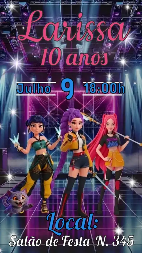 Convite Convite de Aniversário Infantil - Guerreiras do K-Pop – tema Aniversário Infantil colorido, moderno, jovial, divertido, inspirado em pop, feminino