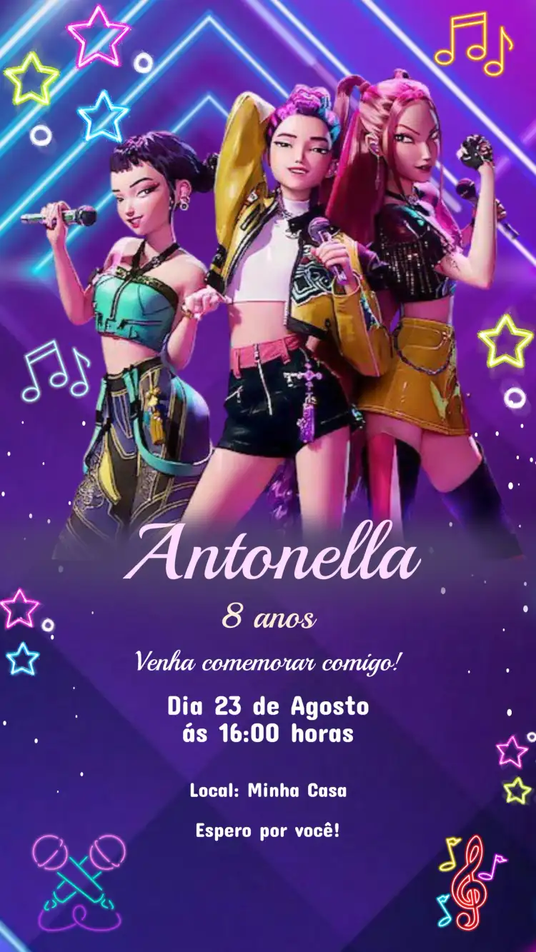 Convite de Aniversário Infantil Guerreiras do K-Pop