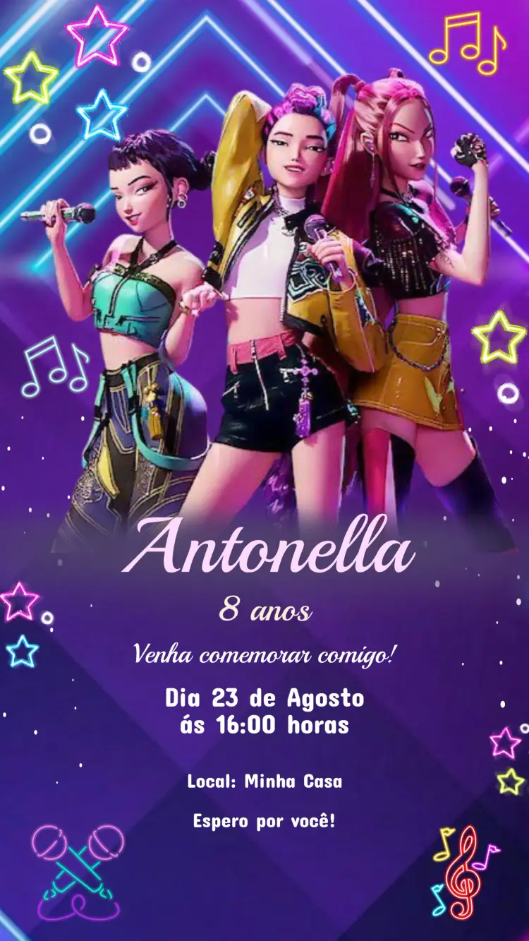 Convite de Aniversário Infantil Guerreiras do K-Pop