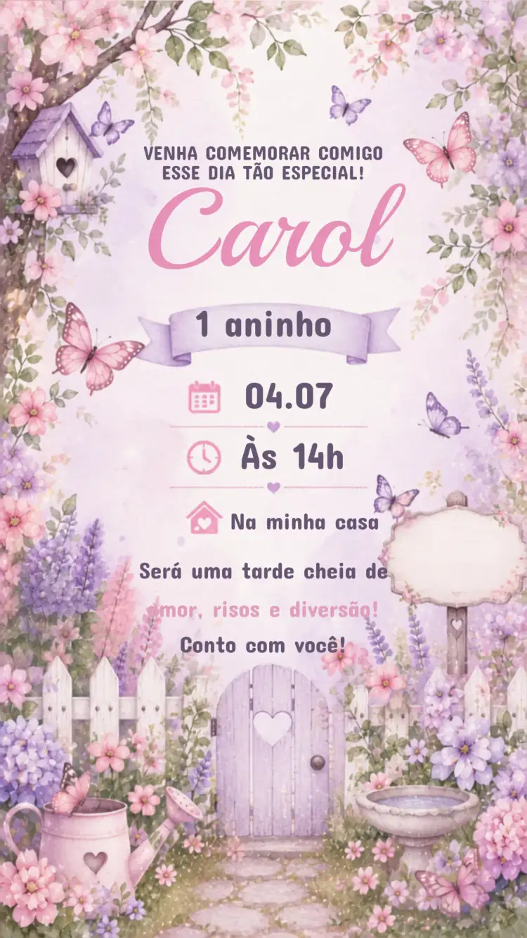 Invitación Convite de Aniversário Infantil Jardim das Borboletas – tema Aniversário Infantil colorido, lúdico, natural, floral, delicado, alegre