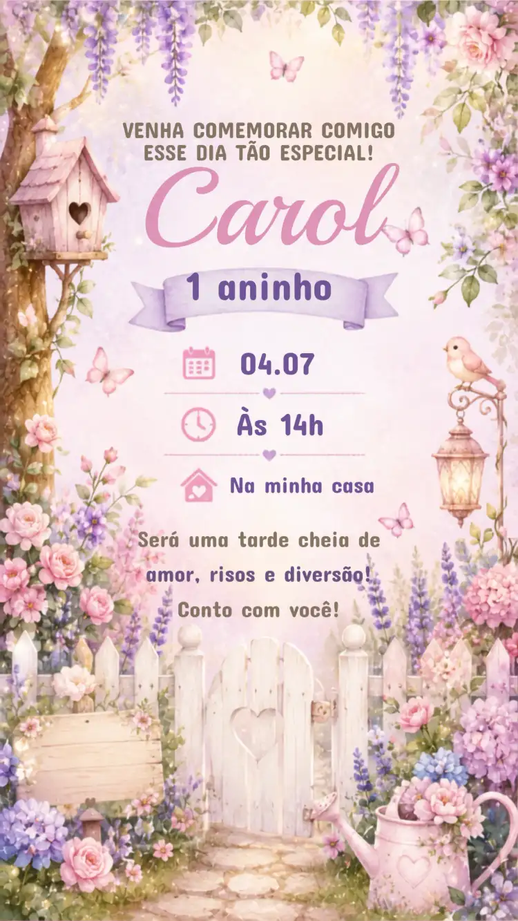 Convite de Aniversário Infantil Jardim das Borboletas lilás