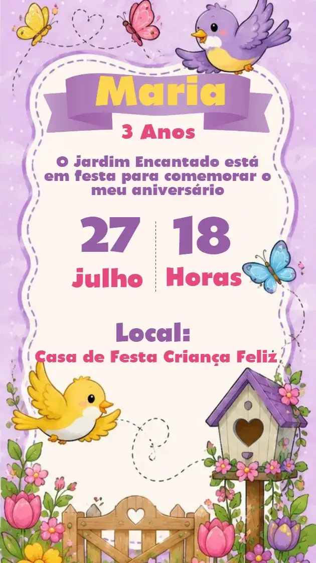 Convite Convite de Aniversário Infantil Jardim Encantado – tema Aniversário Infantil mágico, floral, colorido, lúdico, suave, sonhador