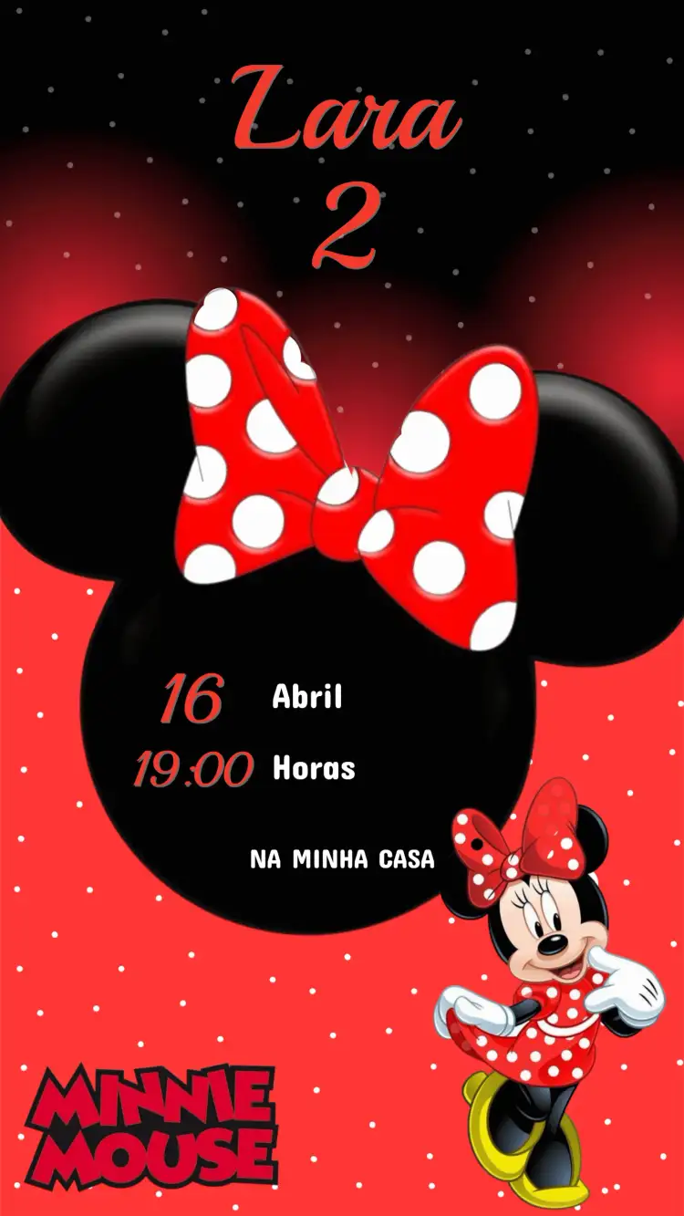 Invitation Convite de Aniversário Infantil Minnie – Aniversário Infantil theme cores vibrantes, estilo lúdico, elementos gráficos da Minnie, design divertido, tema rosa e vermelho