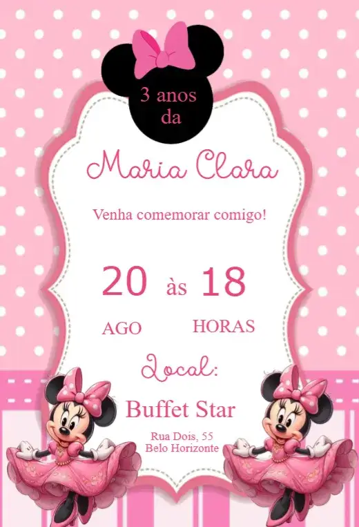 Convite Convite de aniversário infantil Minnie – tema Aniversário Infantil cores vibrantes, estilo divertido, elementos gráficos da Minnie, temática infantil, design alegre, detalhes coloridos