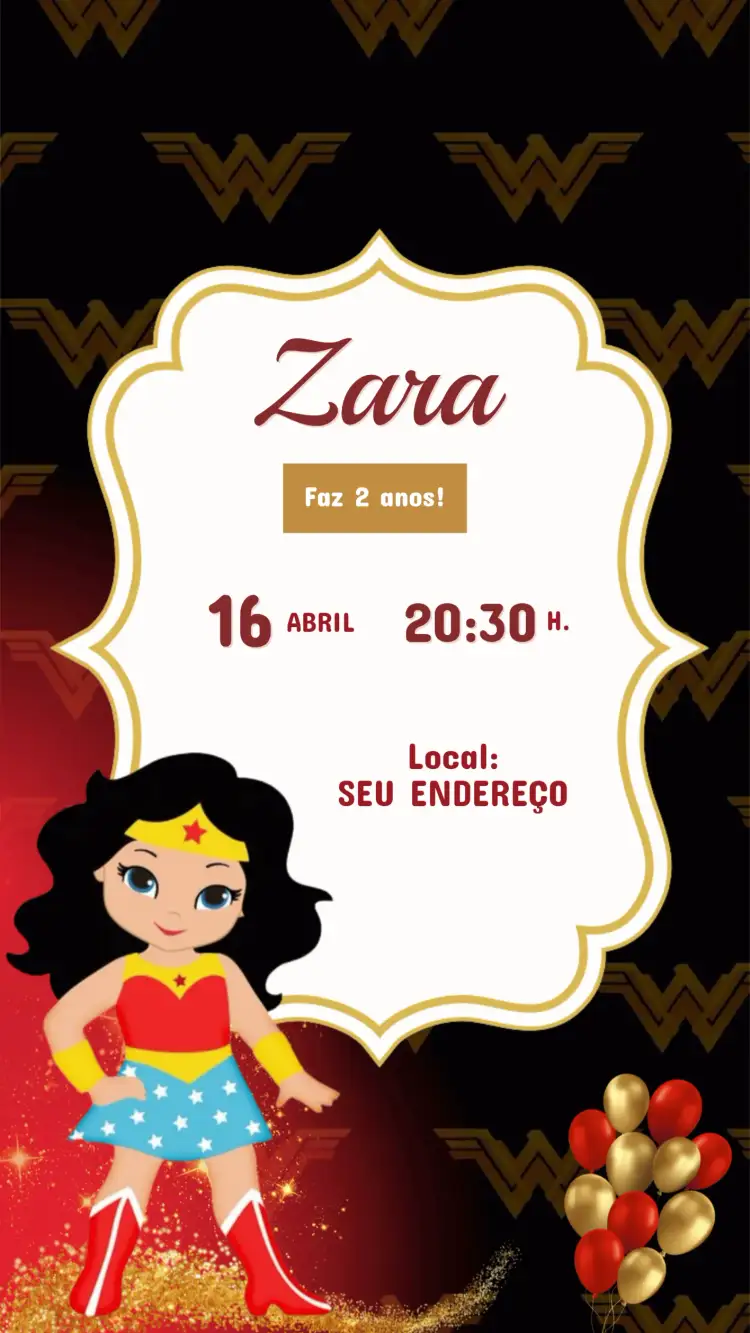 Invitación Convite de Aniversário Infantil Mulher Maravilha – tema Aniversário Infantil colorido, heroico, divertido, moderno, infantil