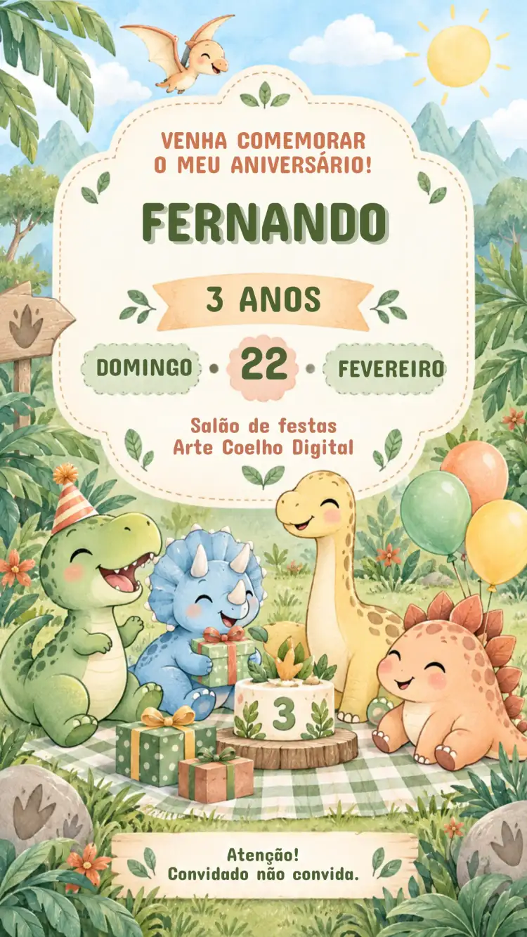 Convite de Aniversário Infantil Piquenique no jardim dos dinossauros