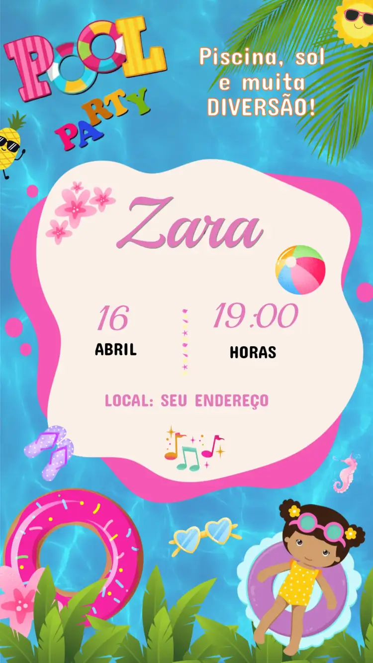 Convite Convite de Aniversário Infantil Pool Party – tema Aniversário Infantil colorido, tropical, divertido, moderno, verão, animado