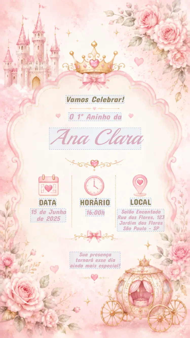 Invitación Convite de Aniversário Infantil Princesas Disney aquarela – tema Aniversário Infantil aquarela, cores suaves, elementos de conto de fadas, design lúdico, tema mágico, ilustrações delicadas