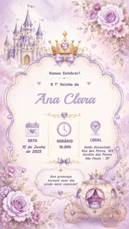 Convite de Aniversário Infantil Princesas Disney lilás