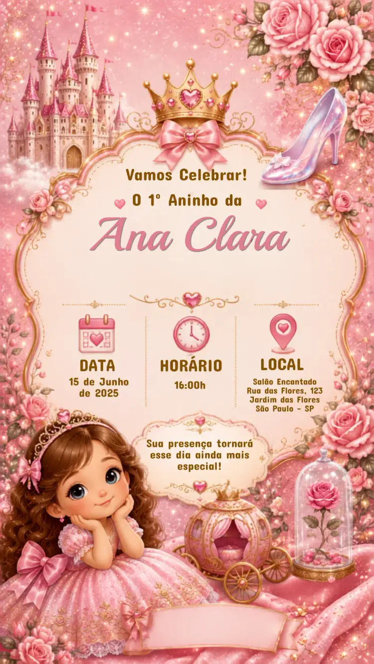 Invitación Convite de Aniversário Infantil Princesas Disney luxo – tema Aniversário Infantil cores vibrantes, estilo luxuoso, elementos gráficos de princesas, design encantador, tema mágico, ilustrações coloridas