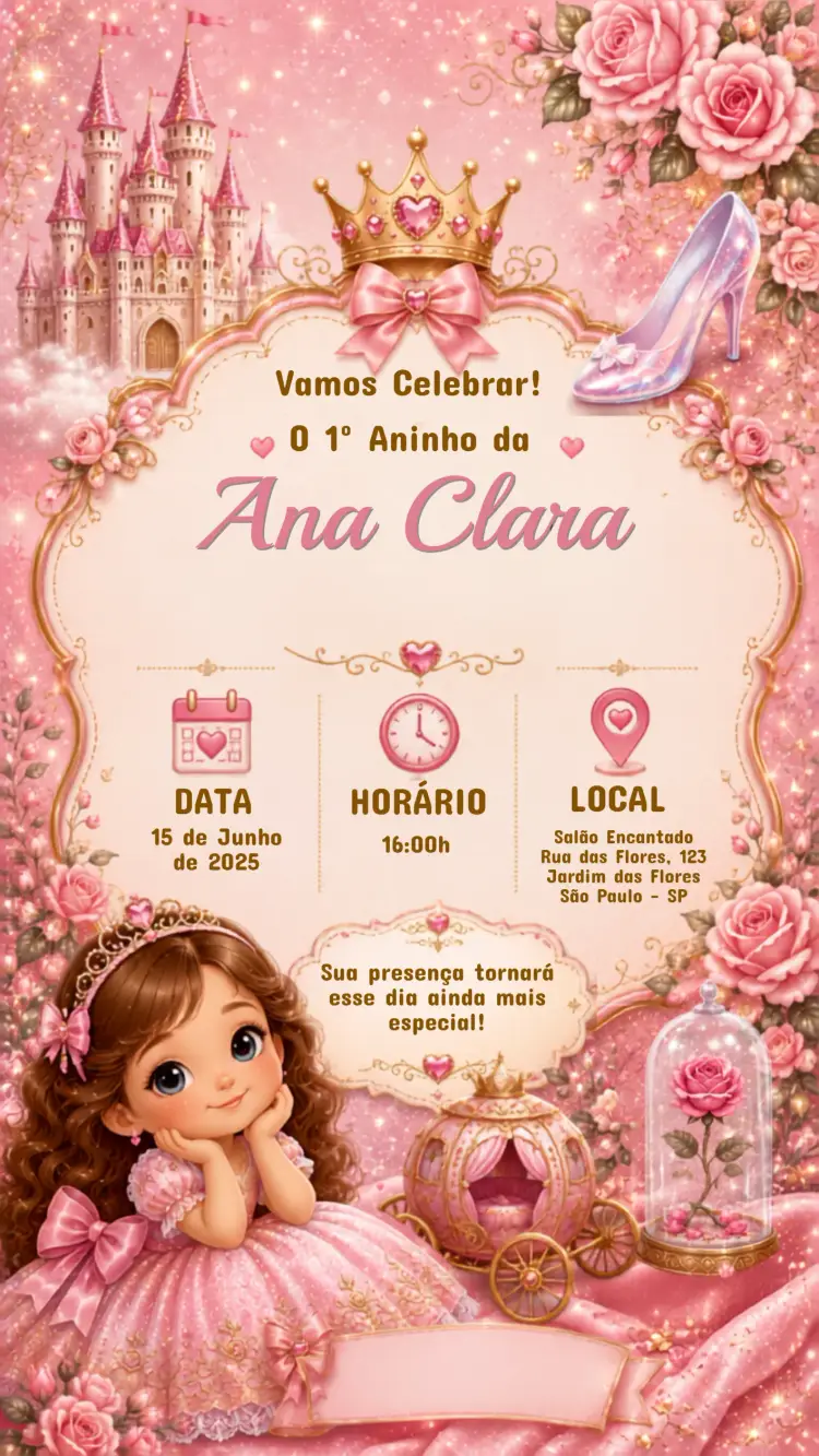 Convite de Aniversário Infantil Princesas Disney luxo