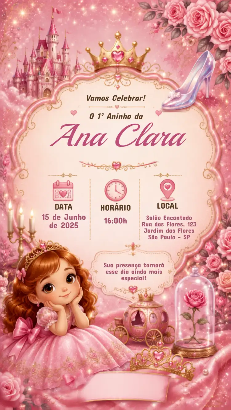 Invitación Convite de Aniversário Infantil Princesas Disney2 – tema Aniversário Infantil cores pastel, estilo lúdico, elementos de conto de fadas, ilustrações encantadoras, detalhes brilhantes