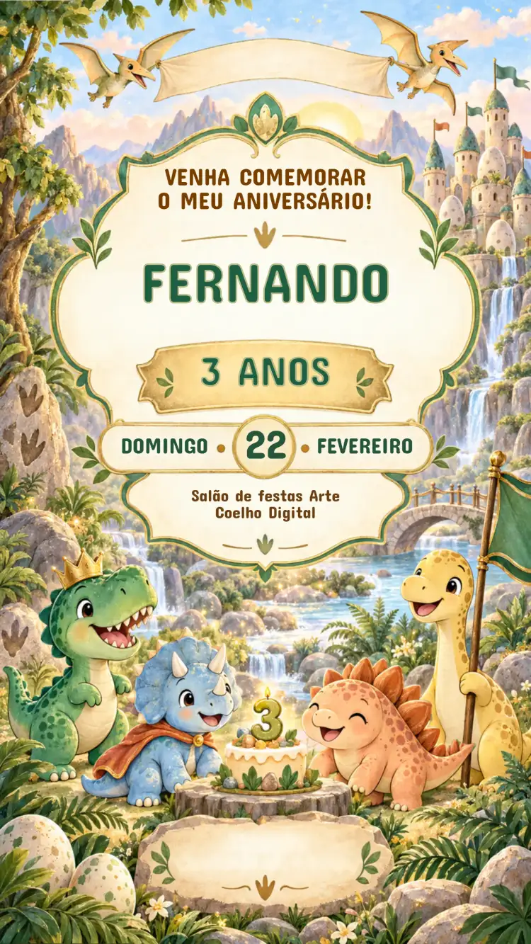 Convite de Aniversário Infantil Reino Encantado dos Dinossauros
