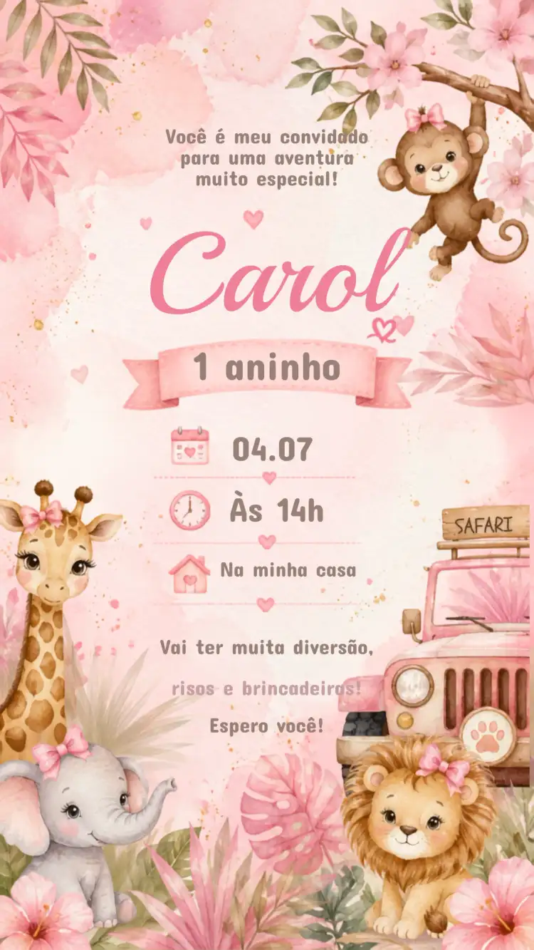 Convite de Aniversário Infantil Safari rosa