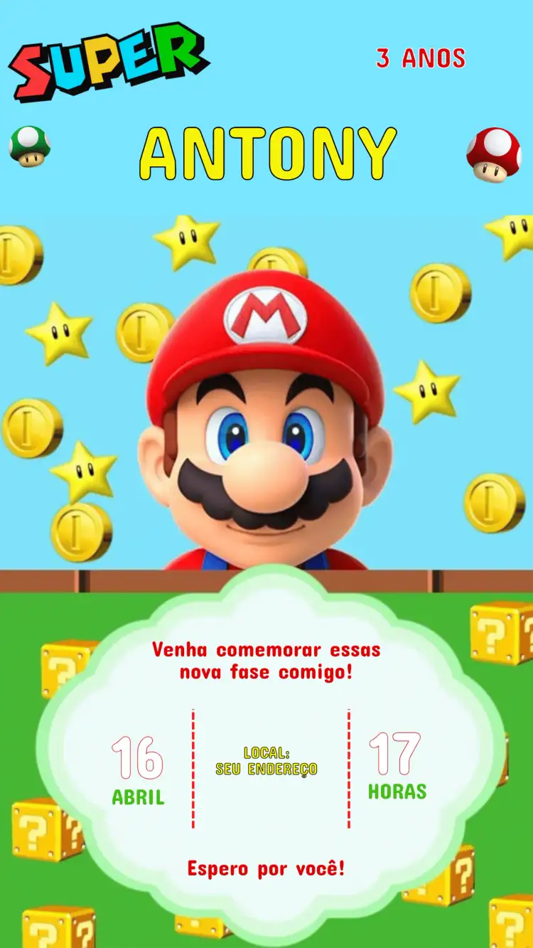 Convite de Aniversário Infantil Super Mario