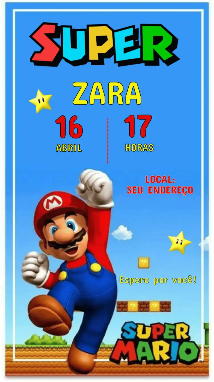 Convite de Aniversário Infantil Super Mario