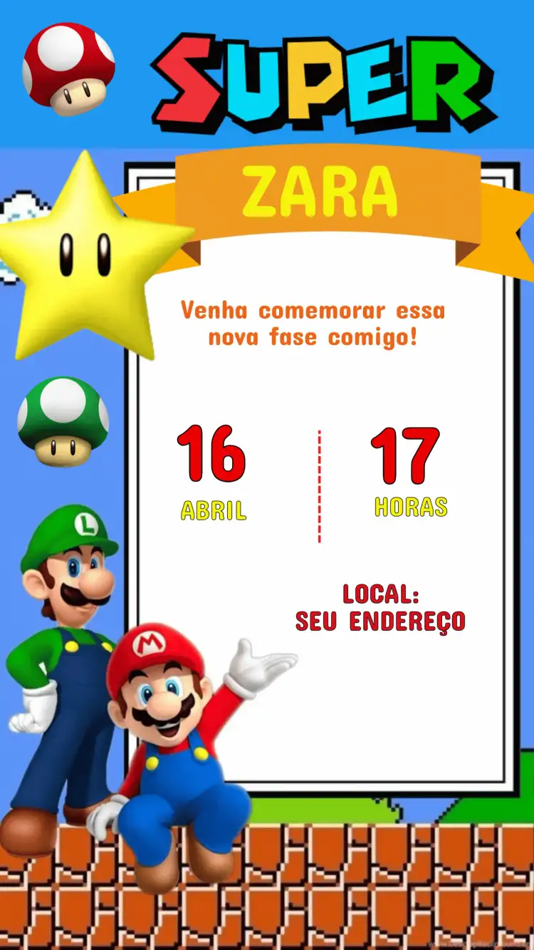 Convite de Aniversário Infantil Super Mario