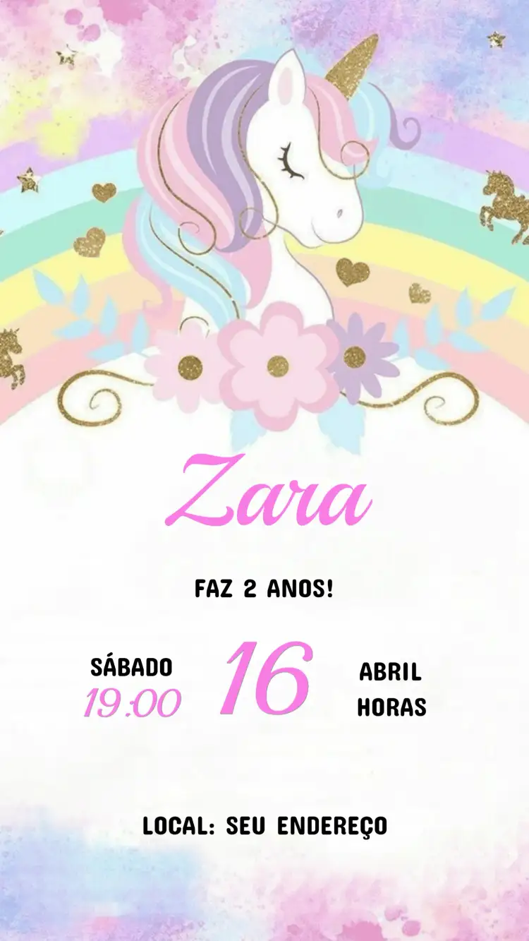 Invitación Convite de Aniversário Infantil Unicórnio – tema Aniversário Infantil cores pastel, fantasia, lúdico, divertido, brilho, colorido