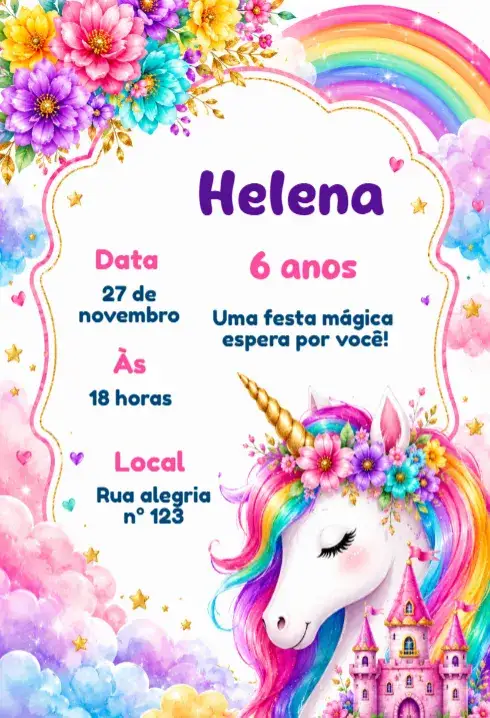 Convite Convite de aniversário infantil unicornio – tema Aniversário Infantil cores pastel, mágico, lúdico, colorido, fantasia
