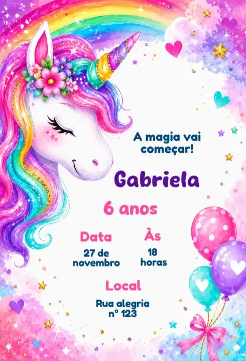 Convite de aniversário infantil Unicórnio