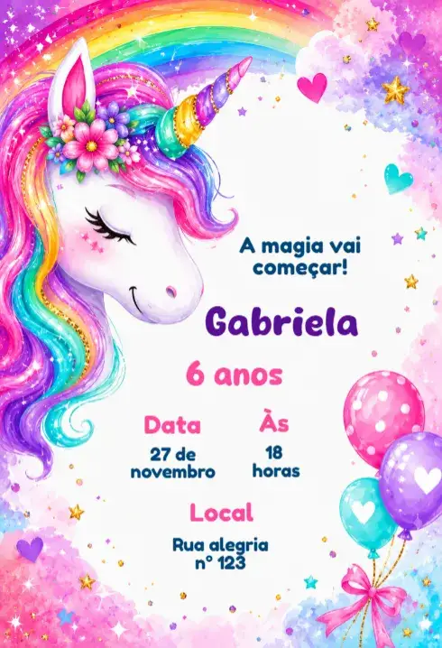 Convite Convite de aniversário infantil Unicórnio – tema Aniversário Infantil colorido, mágico, lúdico, fantasia, arco-íris