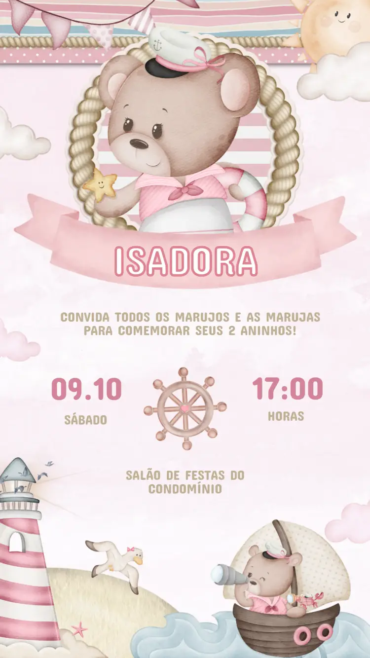 Convite de Aniversário Infantil Ursinha Marinheira
