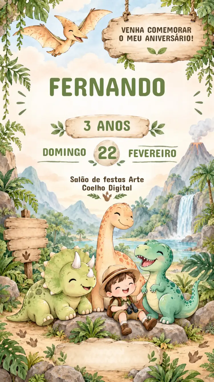 Convite Convite de Aniversário Infantil Vale Jurássico Encantado – tema Aniversário Infantil jurássico, colorido, divertido, aventura, pré-histórico