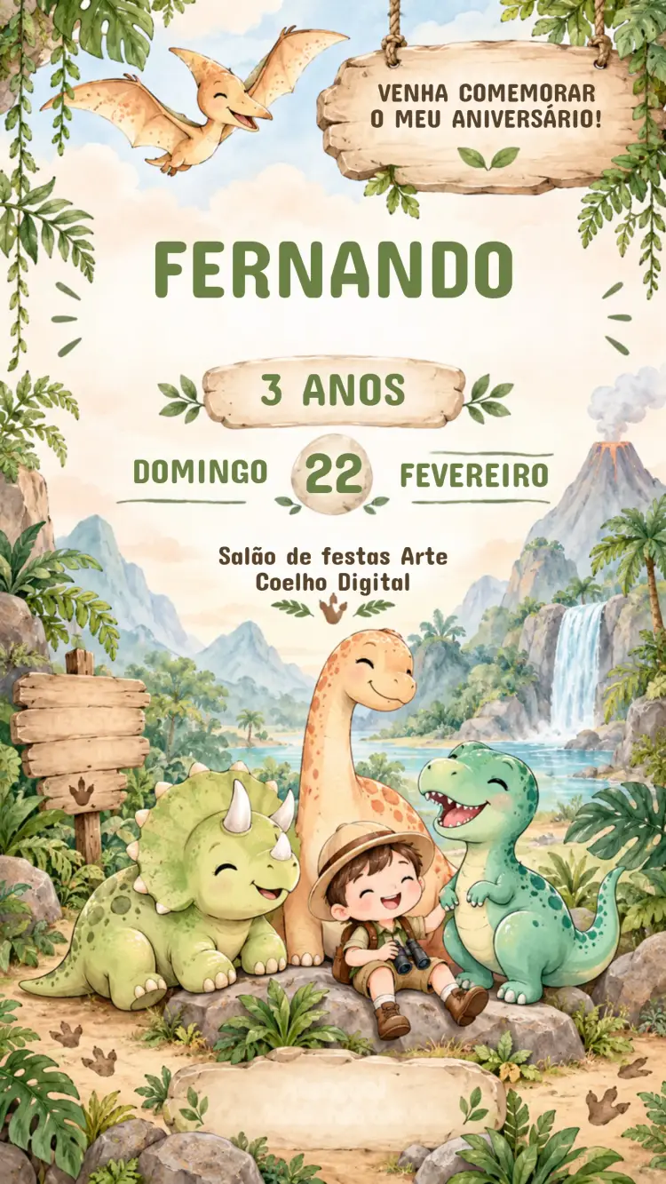 Convite de Aniversário Infantil Vale Jurássico Encantado