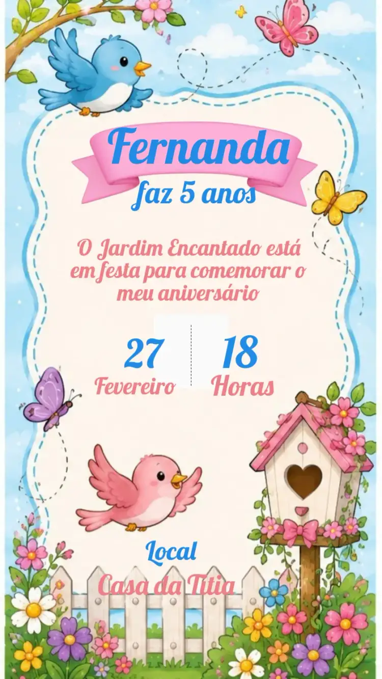 Convite Convite de Aniversário Jardim Encantado – tema Aniversário Infantil floral, mágico, colorido, princesa, natural, fantasia