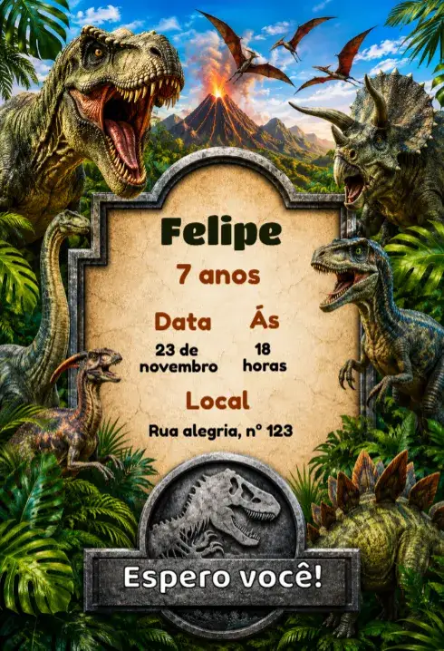 Convite Convite de aniversário jurássico editável – tema Aniversário Infantil dinossauros coloridos, estilo divertido, ilustrações lúdicas, cores vibrantes, elementos naturais, tema pré-histórico