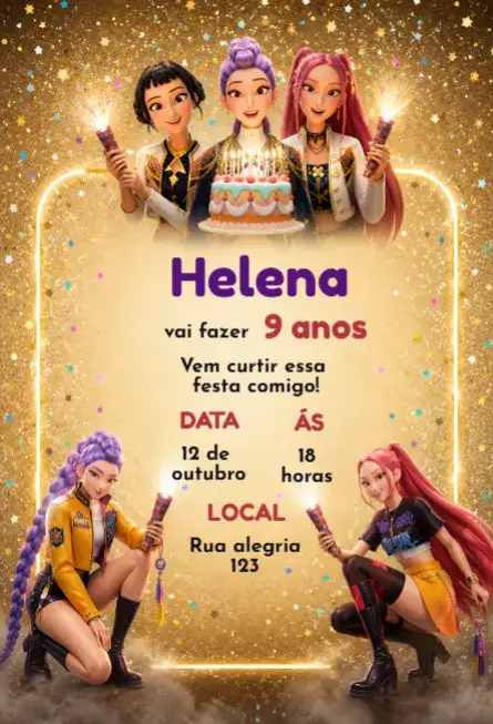 Convite Convite de aniversário K-pop – tema Aniversário Infantil colorido, moderno, jovem, divertido, temático