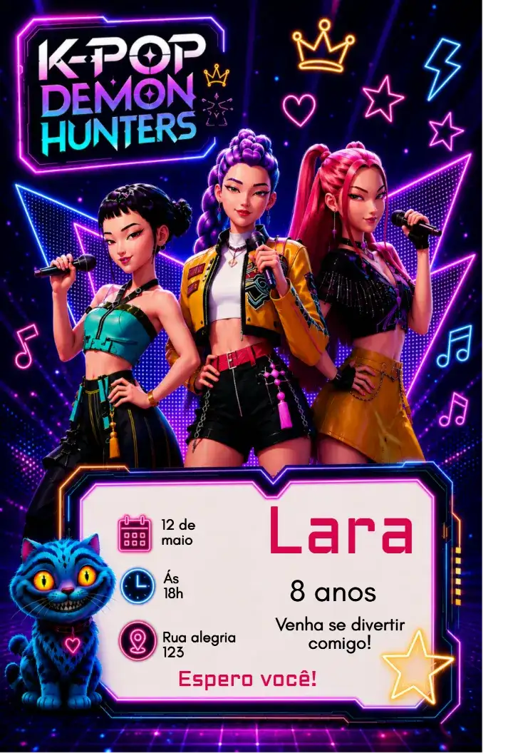 Convite de Aniversário K-Pop Demon Hunters
