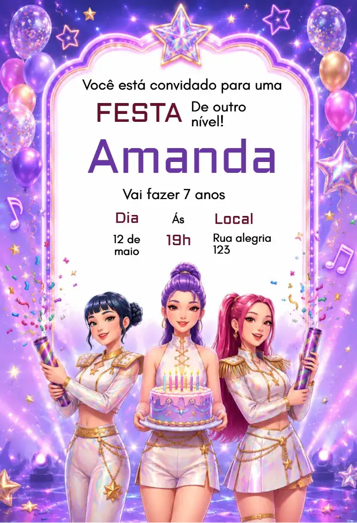 Convite de Aniversário K-Pop Demon Hunters