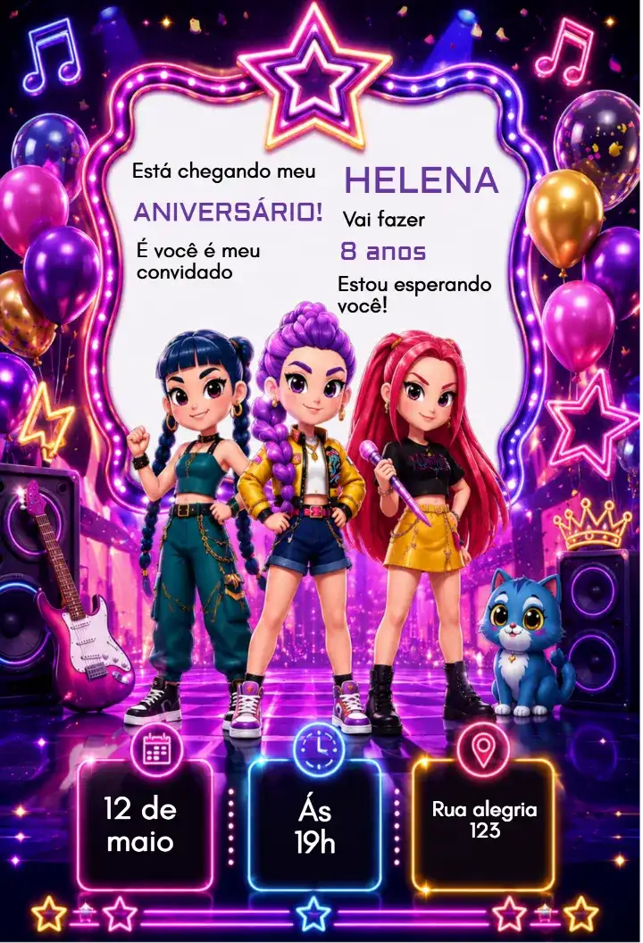 Convite de Aniversário K-Pop Demon Hunters