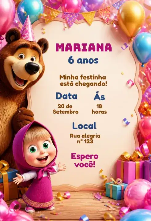 Convite de aniversário masha e o urso editável